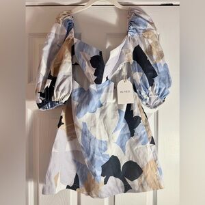 Rumer Linen Leila Mini Women's Floral Puff Sleeve Dress- NWT